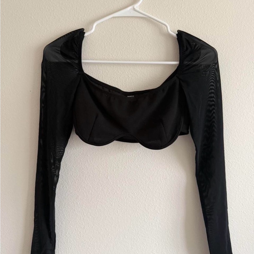 SHEIN Black Mesh Long Sleeve Underwire Crop Top